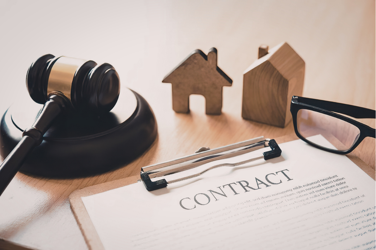 Contrato de arrendamiento y modelos de casa junto a un mazo de juez