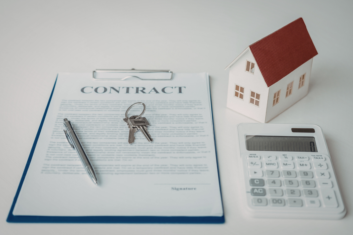 Contrato de compraventa, llaves y calculadora sobre un escritorio